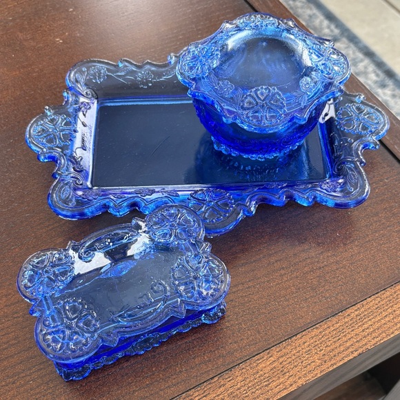 Cobalt Blue Vanity Set Trinket Box Jewelry Box With Lids and glass tray